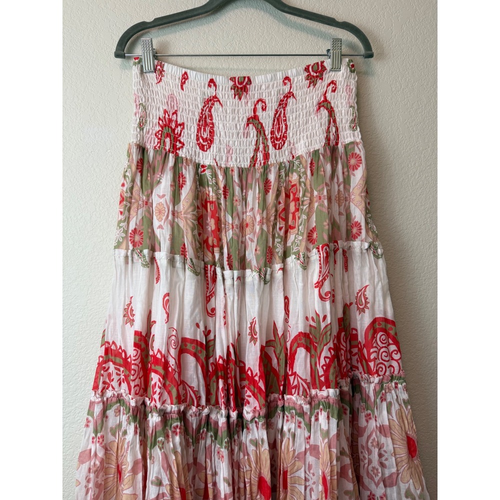 Free People Red Paisley Floral Tiered Maxi Skirt Smocked Cotton Boho Size - Picture 2 of 10